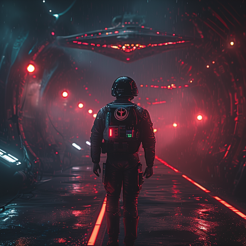 Космические корабли над планетой и фигура пилота на фоне звёздной войны.